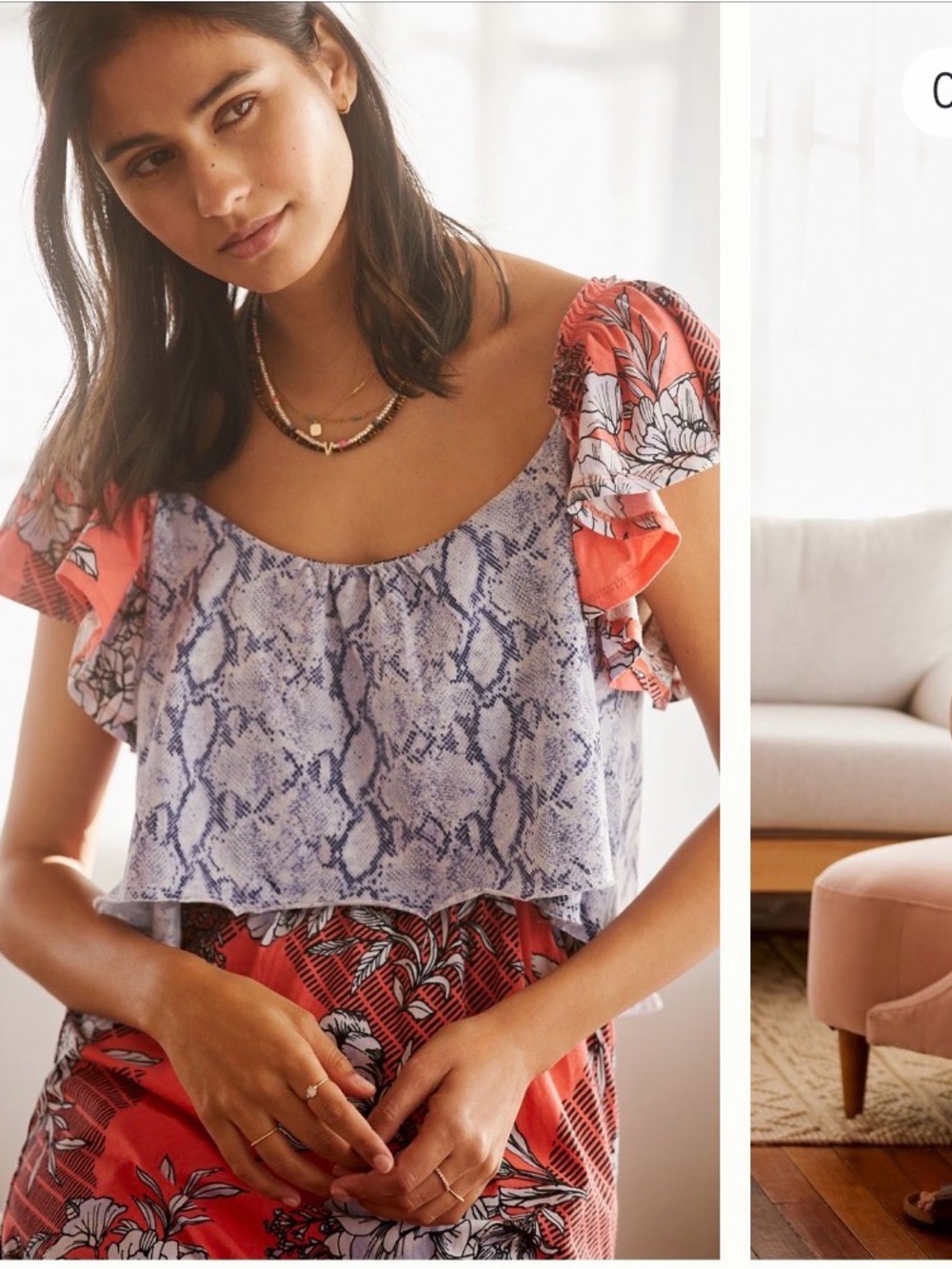 Anthropologie Coral and Lavender Floral Maxi with Snake-Print Overlay - Picture 2 of 8